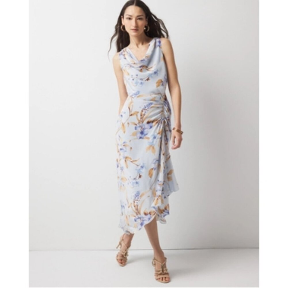 White House Black Market Blue and Beige Floral Midi Dress